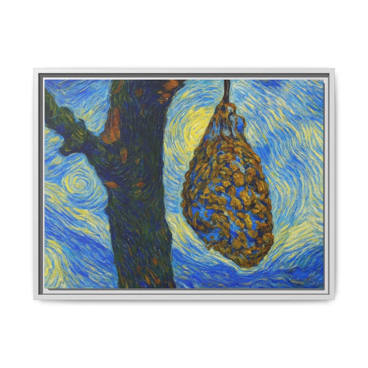Framed Matte Canvas Art — Van Gogh-Style Swirling Night with Hanging Beehive
