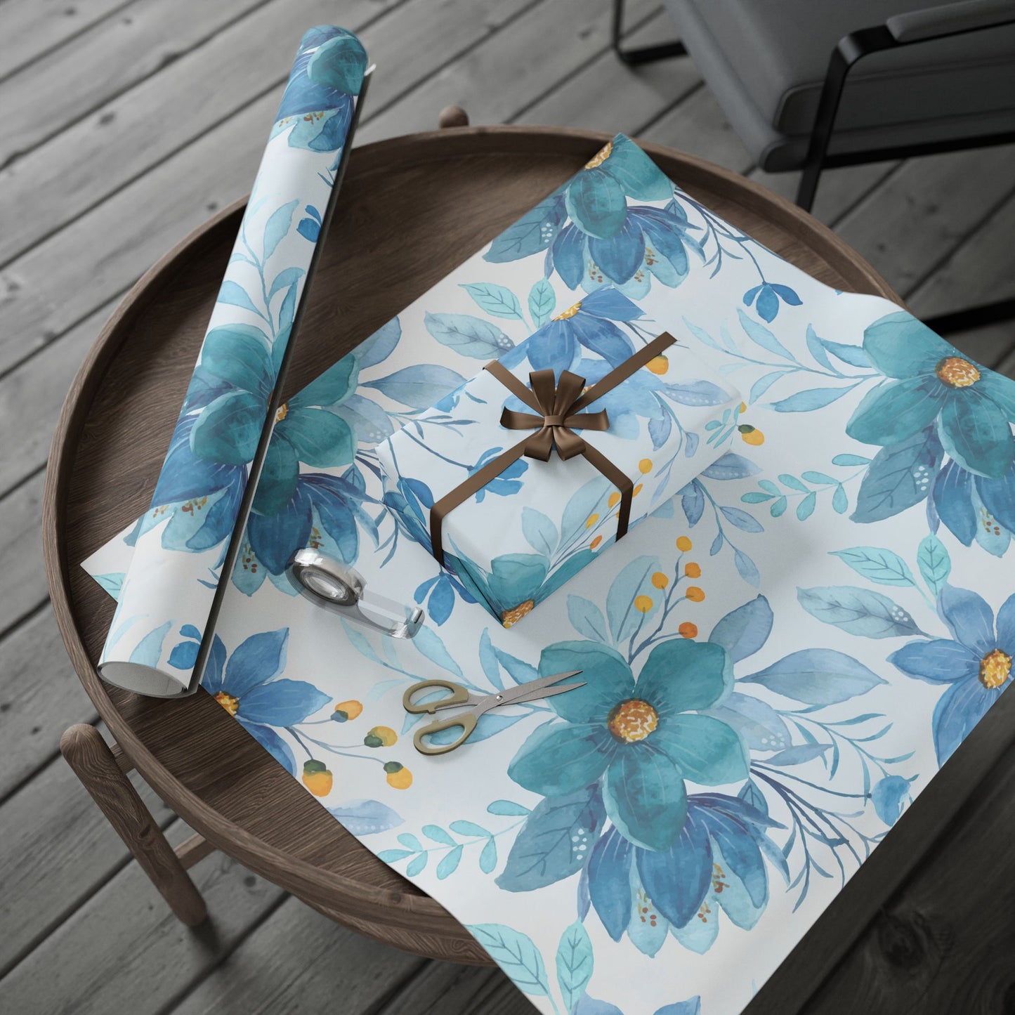 Blue Floral Wrapping Paper Roll — Watercolor Bouquet Gift Wrap