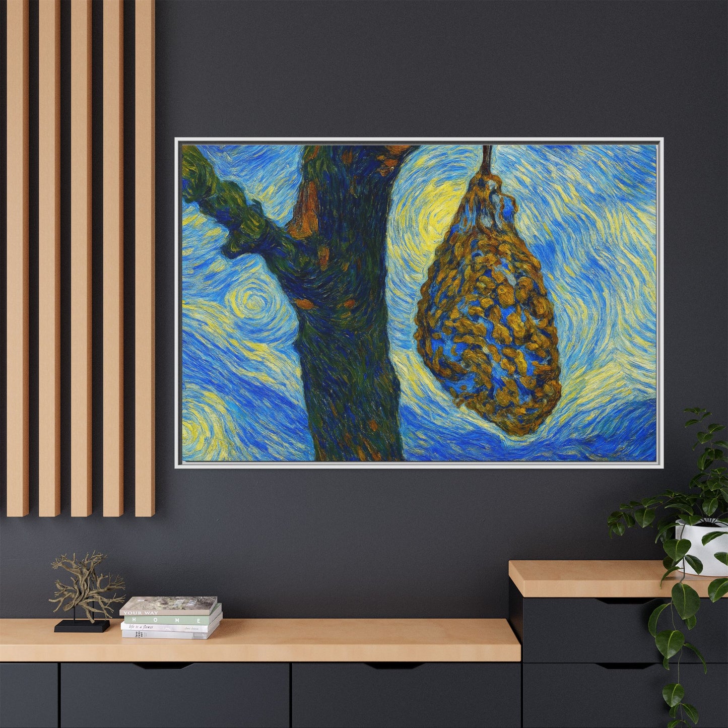 Framed Matte Canvas Art — Van Gogh-Style Swirling Night with Hanging Beehive