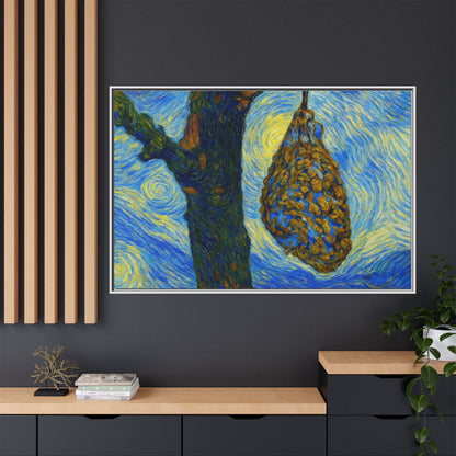 Framed Matte Canvas Art — Van Gogh-Style Swirling Night with Hanging Beehive