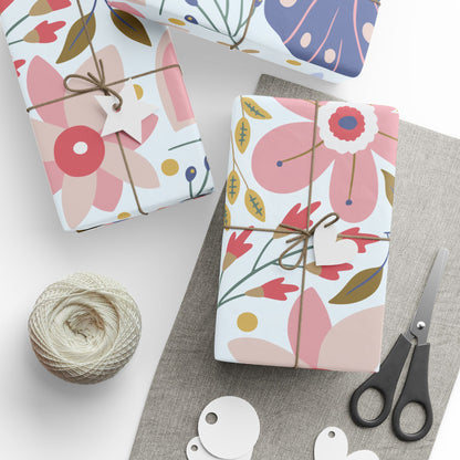 Floral Butterfly Wrapping Paper Roll — Elegant Blue & Gold Garden Gift Wrap