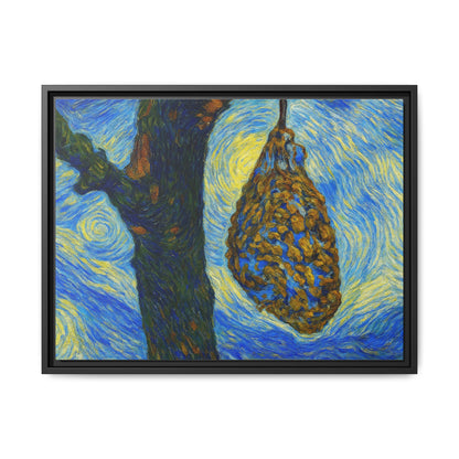 Framed Matte Canvas Art — Van Gogh-Style Swirling Night with Hanging Beehive