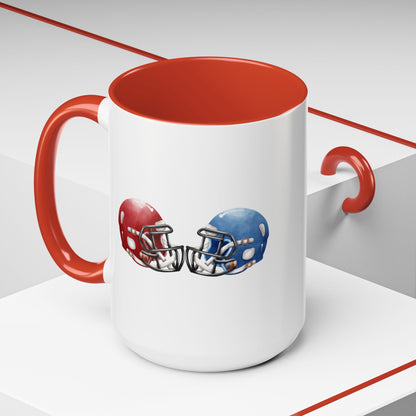 Football Helmet Coffee Mug — Red vs Blue Rivalry Accent Mug (11/15oz)