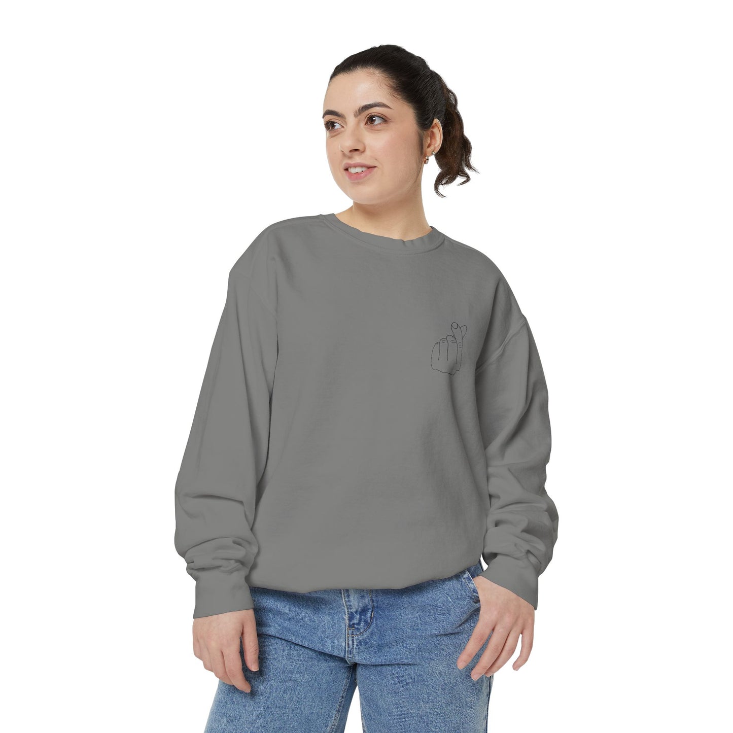 Minimalist Peace Hand Sweatshirt — Small Chest Line Art Crewneck