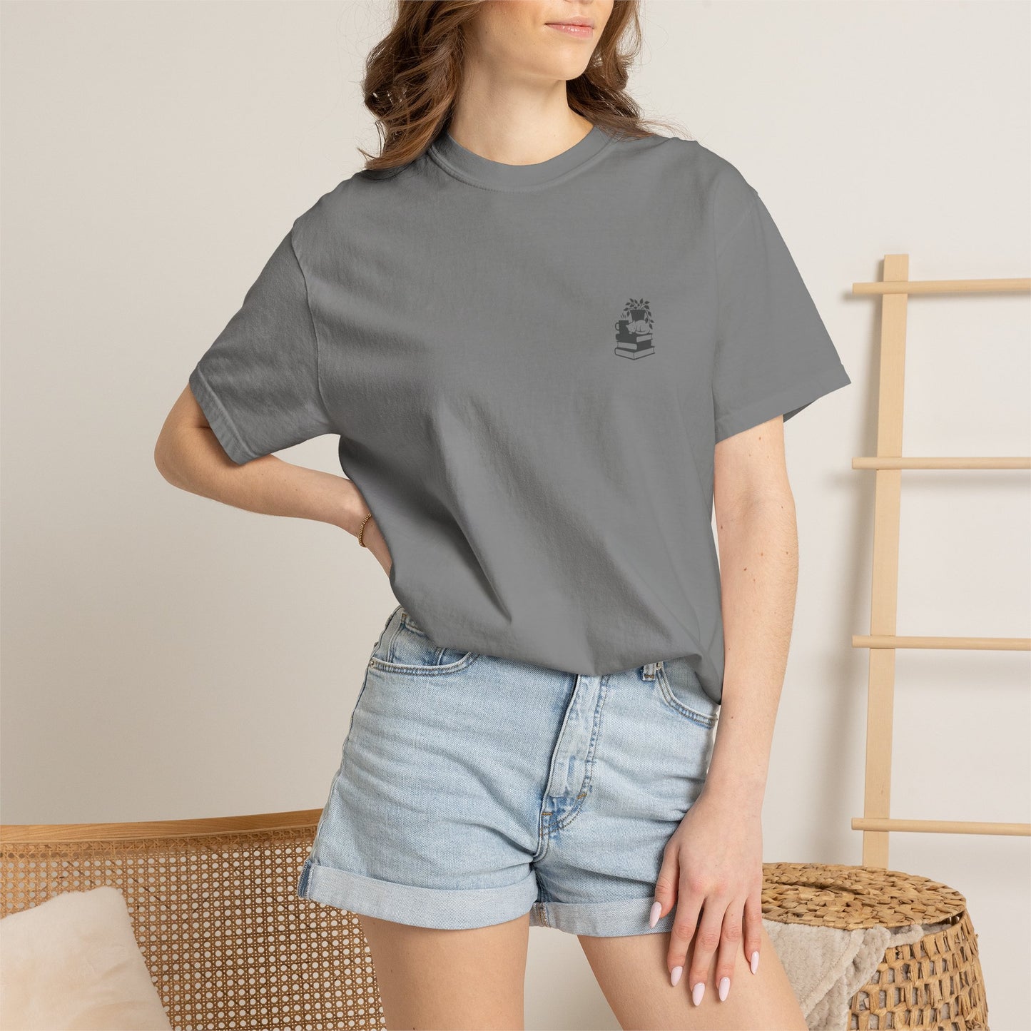 Cozy Cat on Books T-Shirt | Reading Tea Stack Illustration