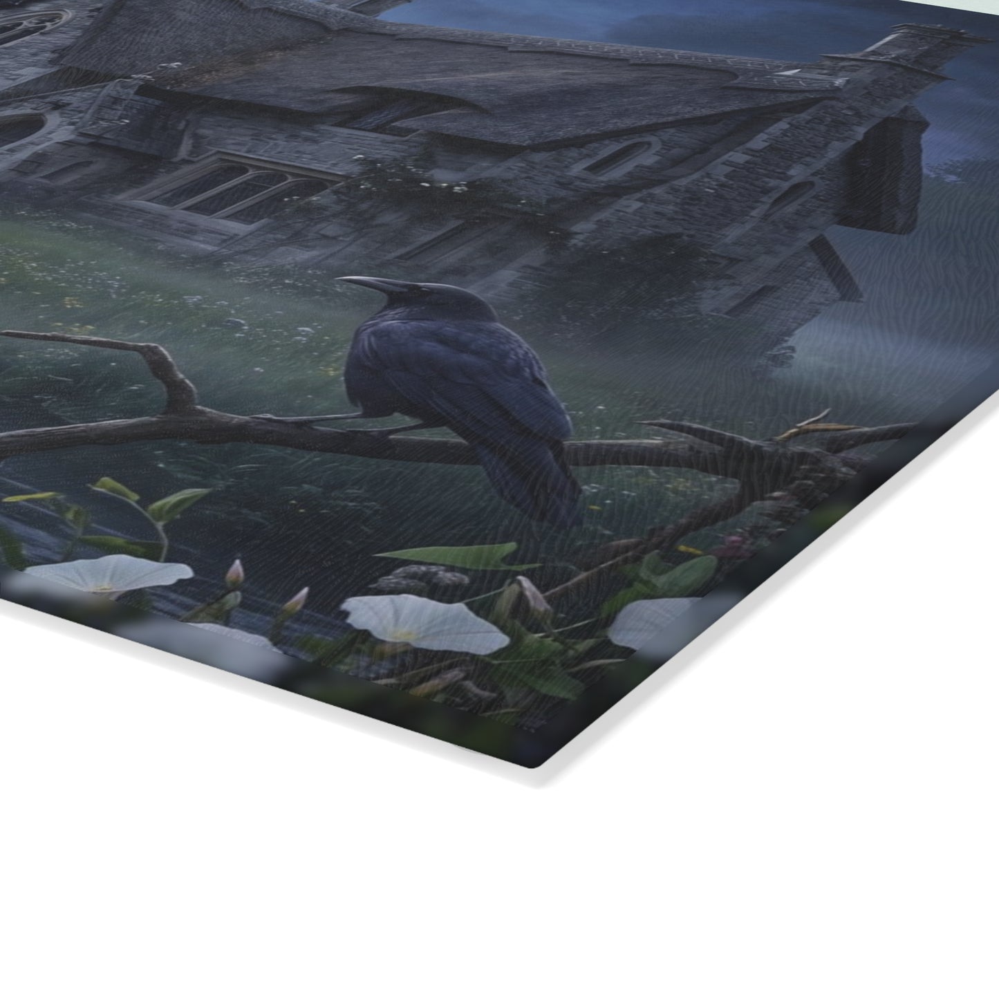 Moonlit Cottage river scene Glass Cutting Board | mystical night landscape