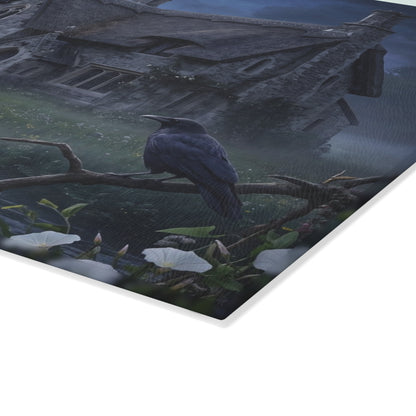 Moonlit Cottage river scene Glass Cutting Board | mystical night landscape