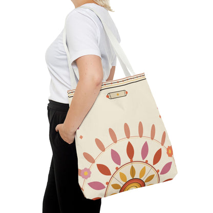 Boho Floral Mandala Tote Bag | Pastel Sunburst Pattern