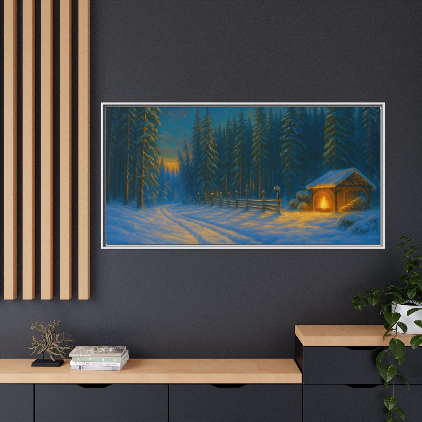 Framed Winter Landscape Canvas, Cozy Cabin Art, Christmas Decor, Winter Home Decor, Holiday Gift, Wall Art - TRV