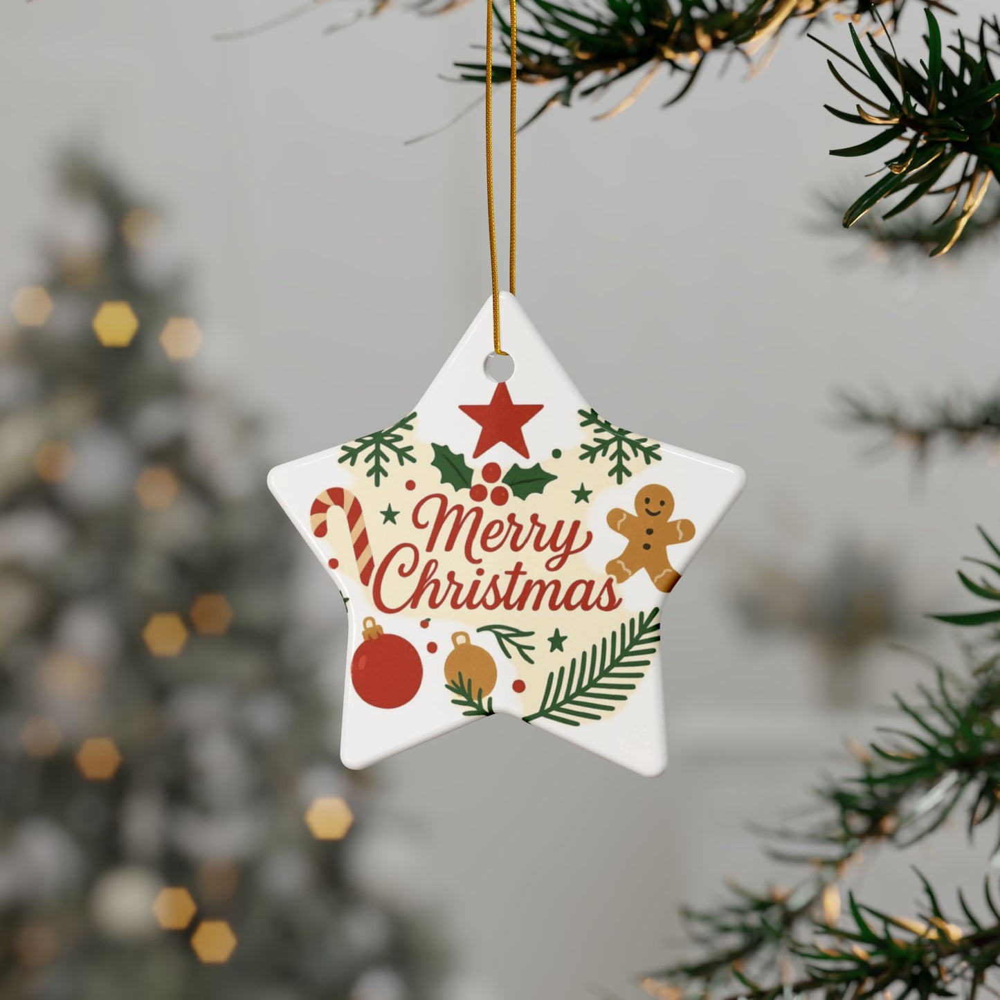 Merry Christmas Ceramic Ornament — Double-Sided Holiday Tree Decoration (Gingerbread & Candy Cane Design)