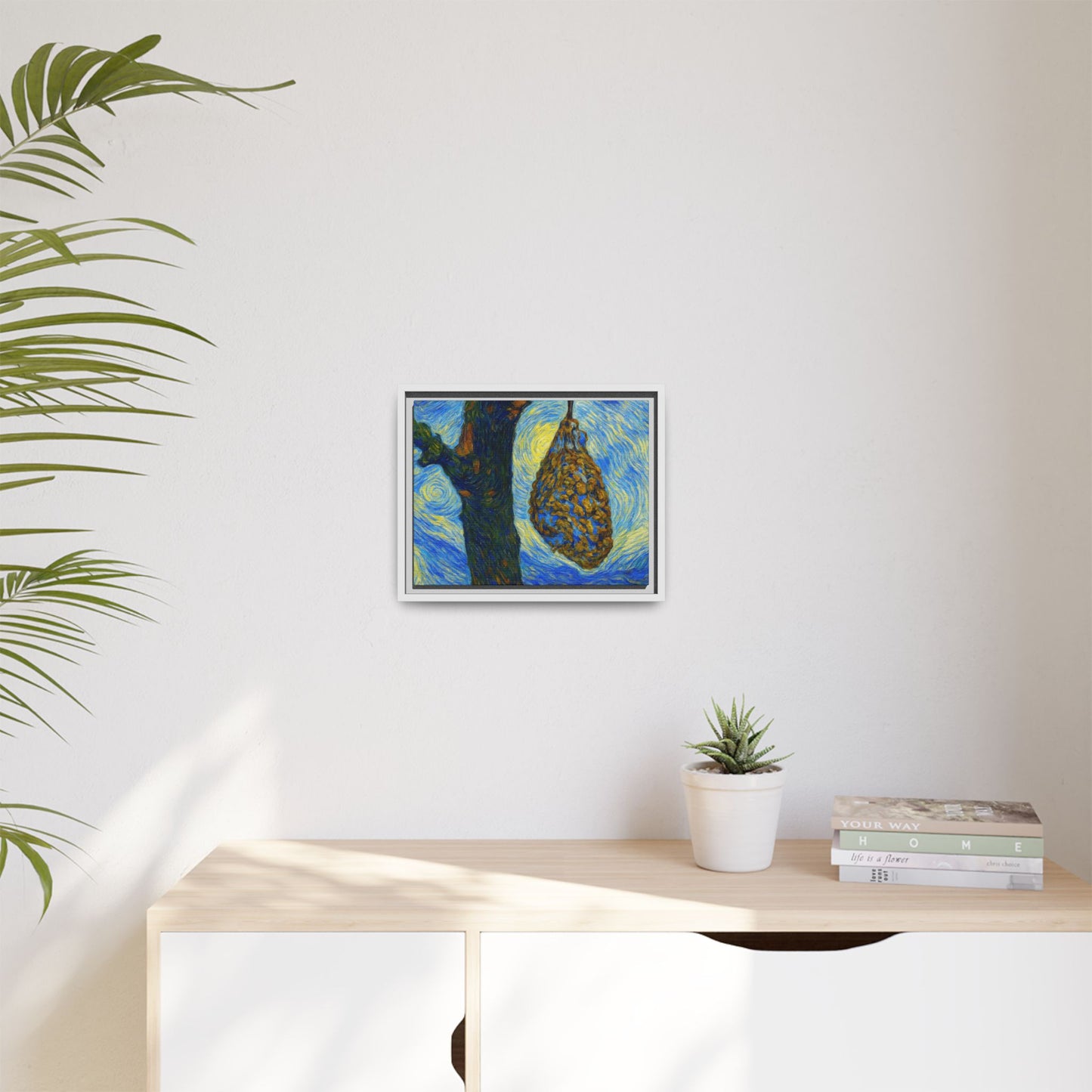 Framed Matte Canvas Art — Van Gogh-Style Swirling Night with Hanging Beehive