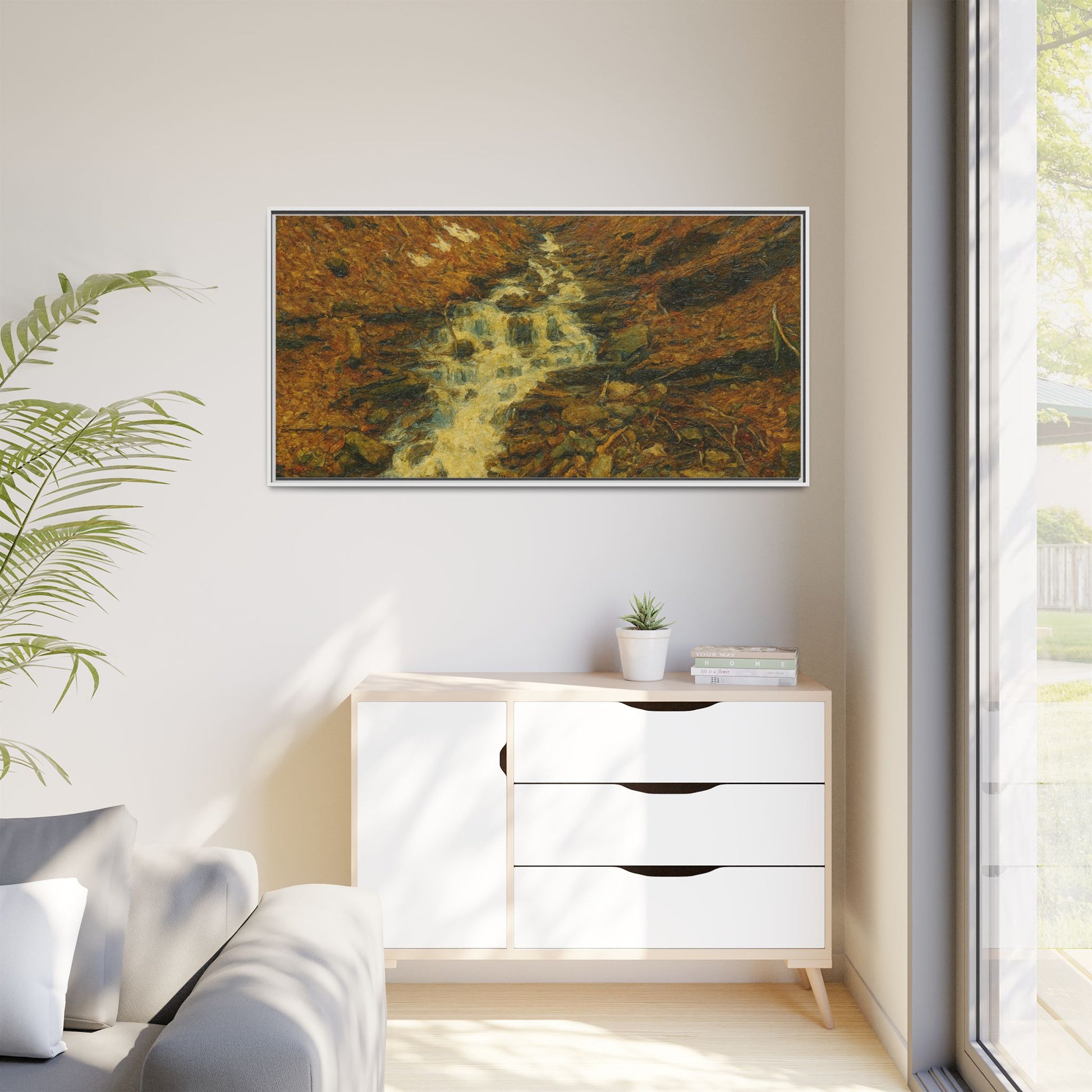 Serene Abstract Nature Canvas Art, Framed Wall Decor, Rustic Home Accent, Earthy Tone Artwork, Tranquil River Scene - TRV