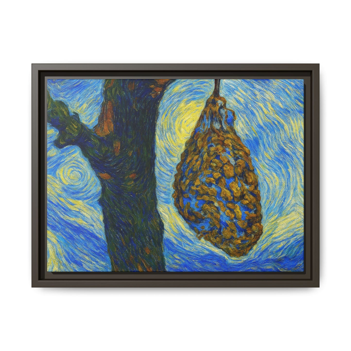 Framed Matte Canvas Art — Van Gogh-Style Swirling Night with Hanging Beehive