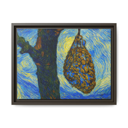Framed Matte Canvas Art — Van Gogh-Style Swirling Night with Hanging Beehive