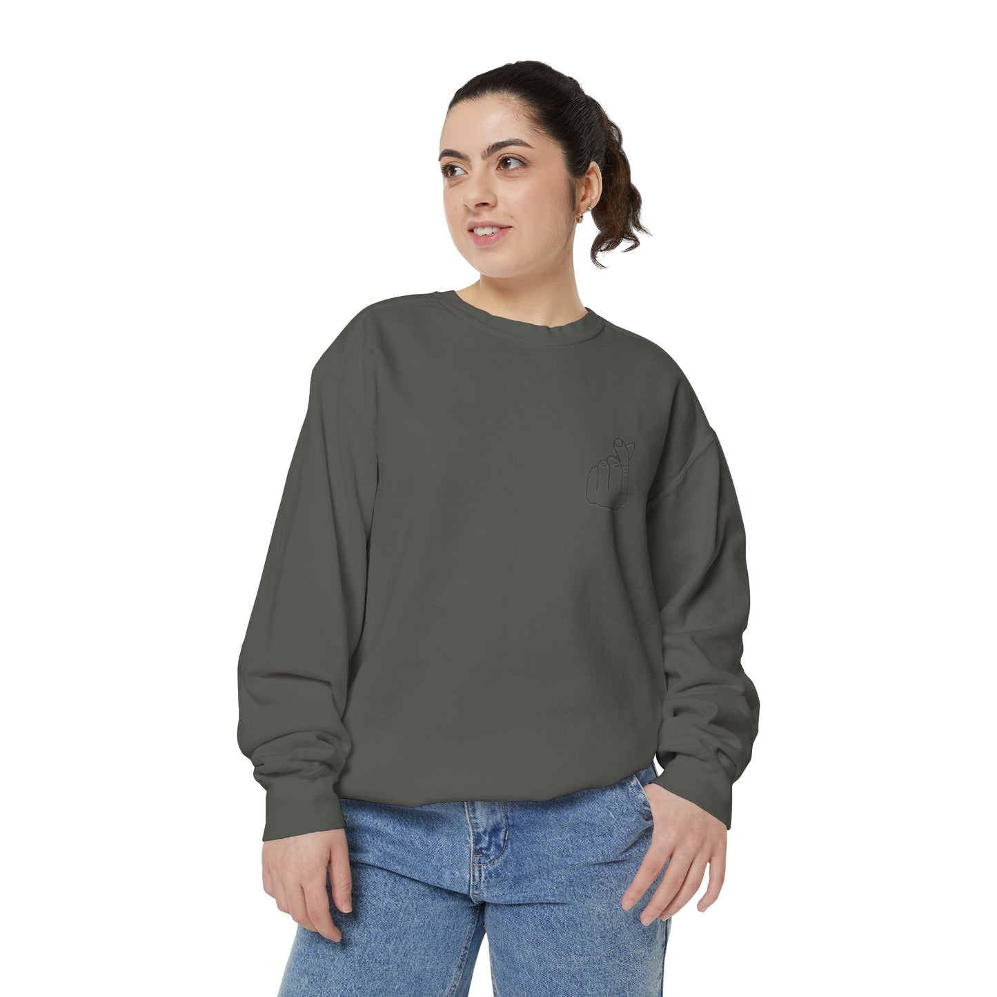 Minimalist Peace Hand Sweatshirt — Small Chest Line Art Crewneck
