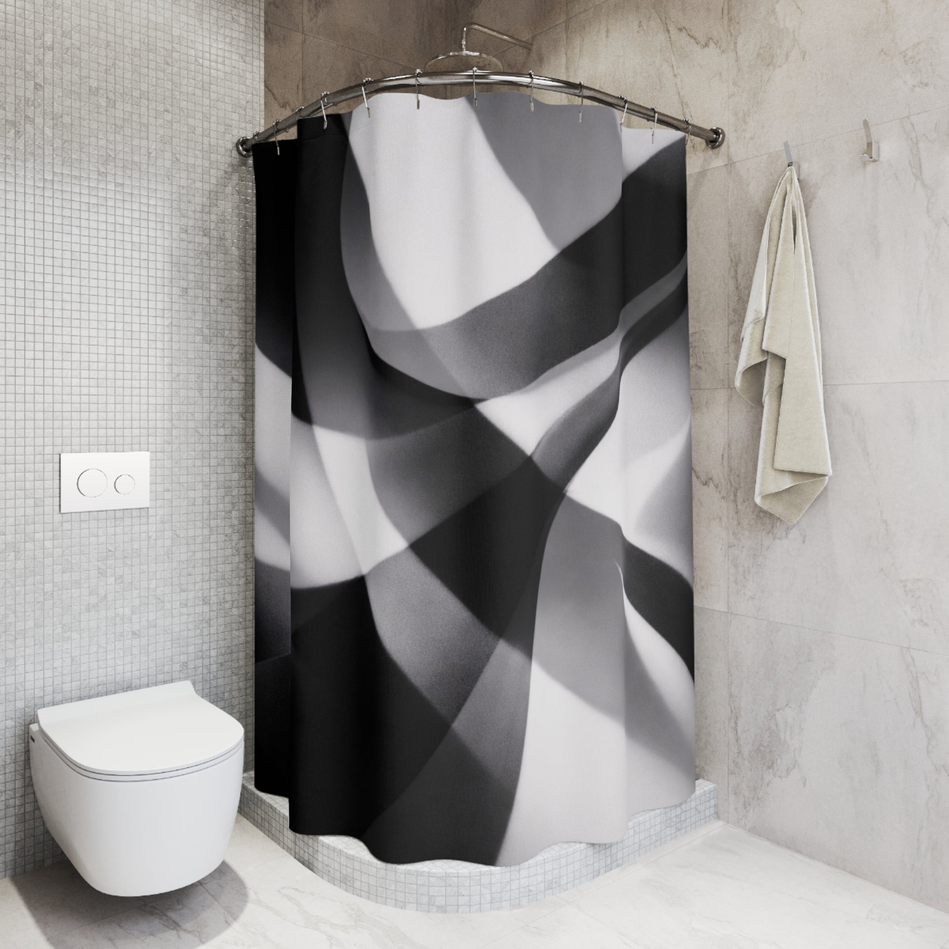 Abstract black and white waves shower curtain with modern geometric design, ideal for stylish bathroom decor.