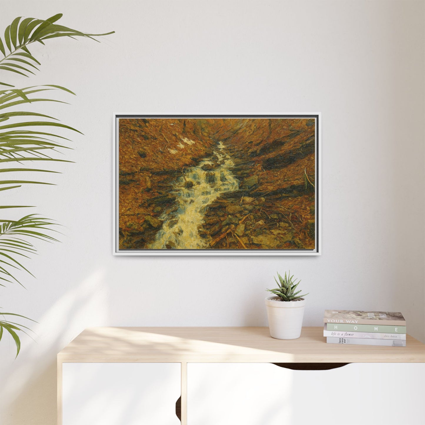 Serene Abstract Nature Canvas Art, Framed Wall Decor, Rustic Home Accent, Earthy Tone Artwork, Tranquil River Scene - TRV