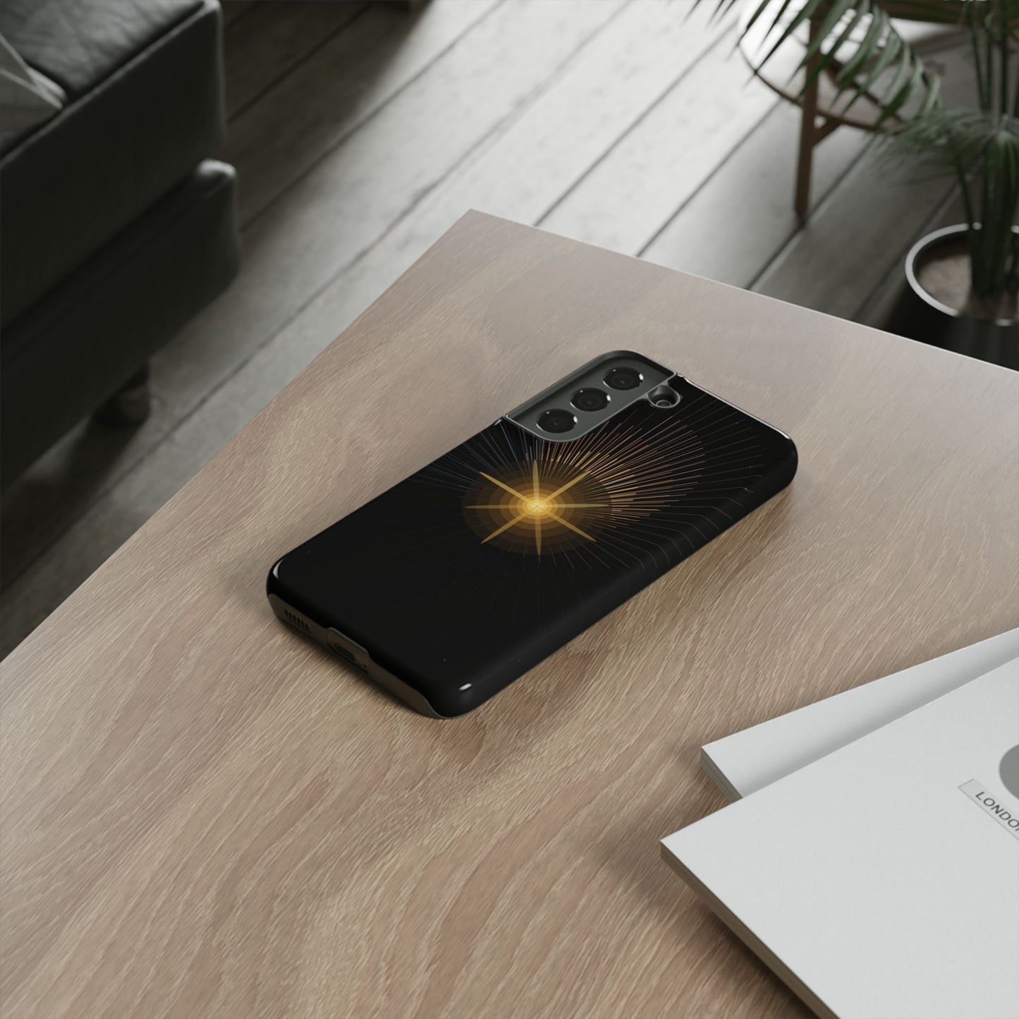 Tough Cases - Radiant Star Phone Case, Protective Black Shockproof Cover with Golden Light Design