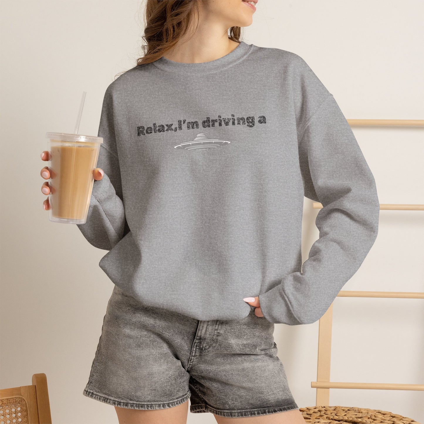 Relaxing UFO Driving Sweatshirt, Funny Gift for UFO Lovers, Unisex Crewneck Pullover, Casual Wear, Space Enthusiast Apparel