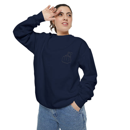 Minimalist Peace Hand Sweatshirt — Small Chest Line Art Crewneck