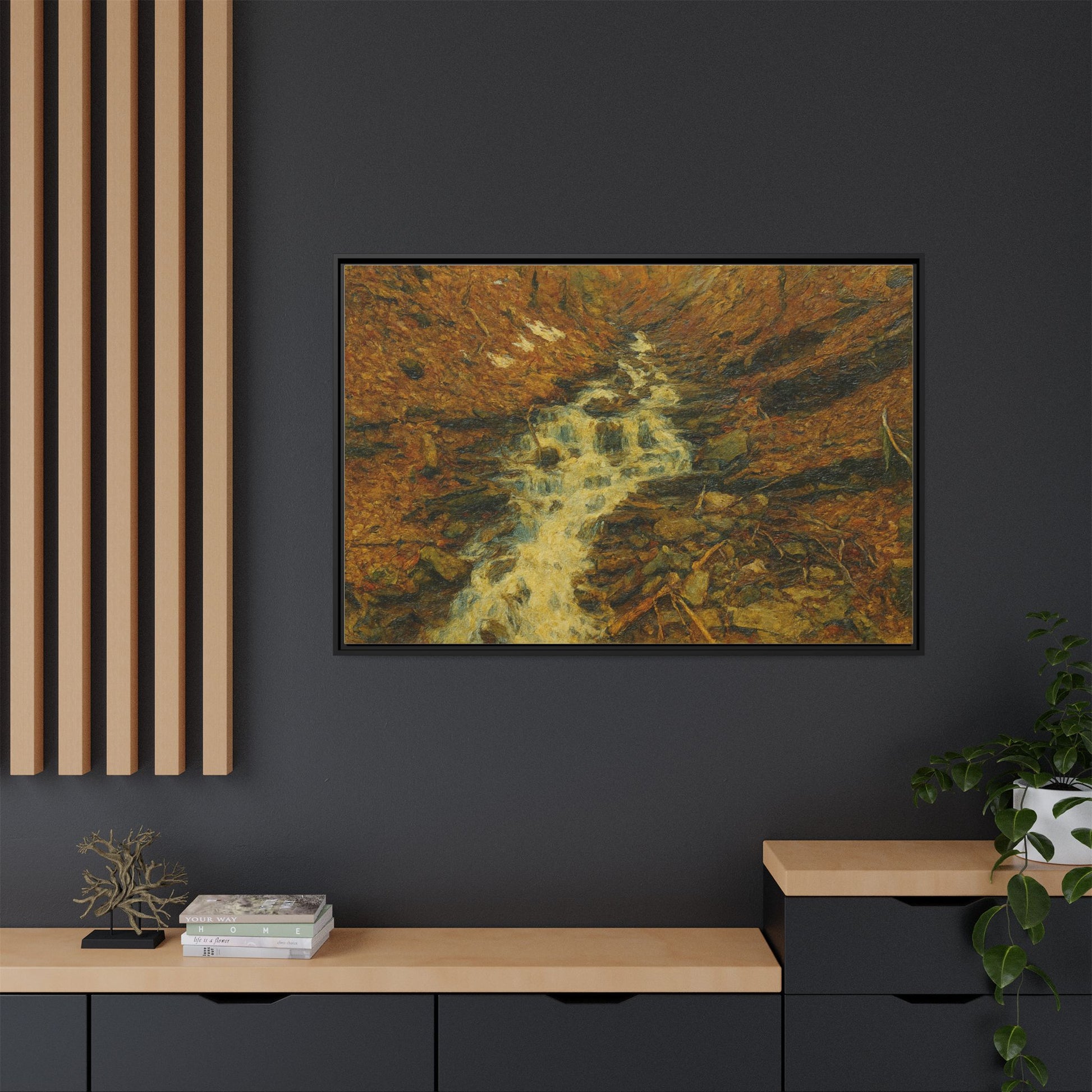 Serene Abstract Nature Canvas Art, Framed Wall Decor, Rustic Home Accent, Earthy Tone Artwork, Tranquil River Scene - TRV