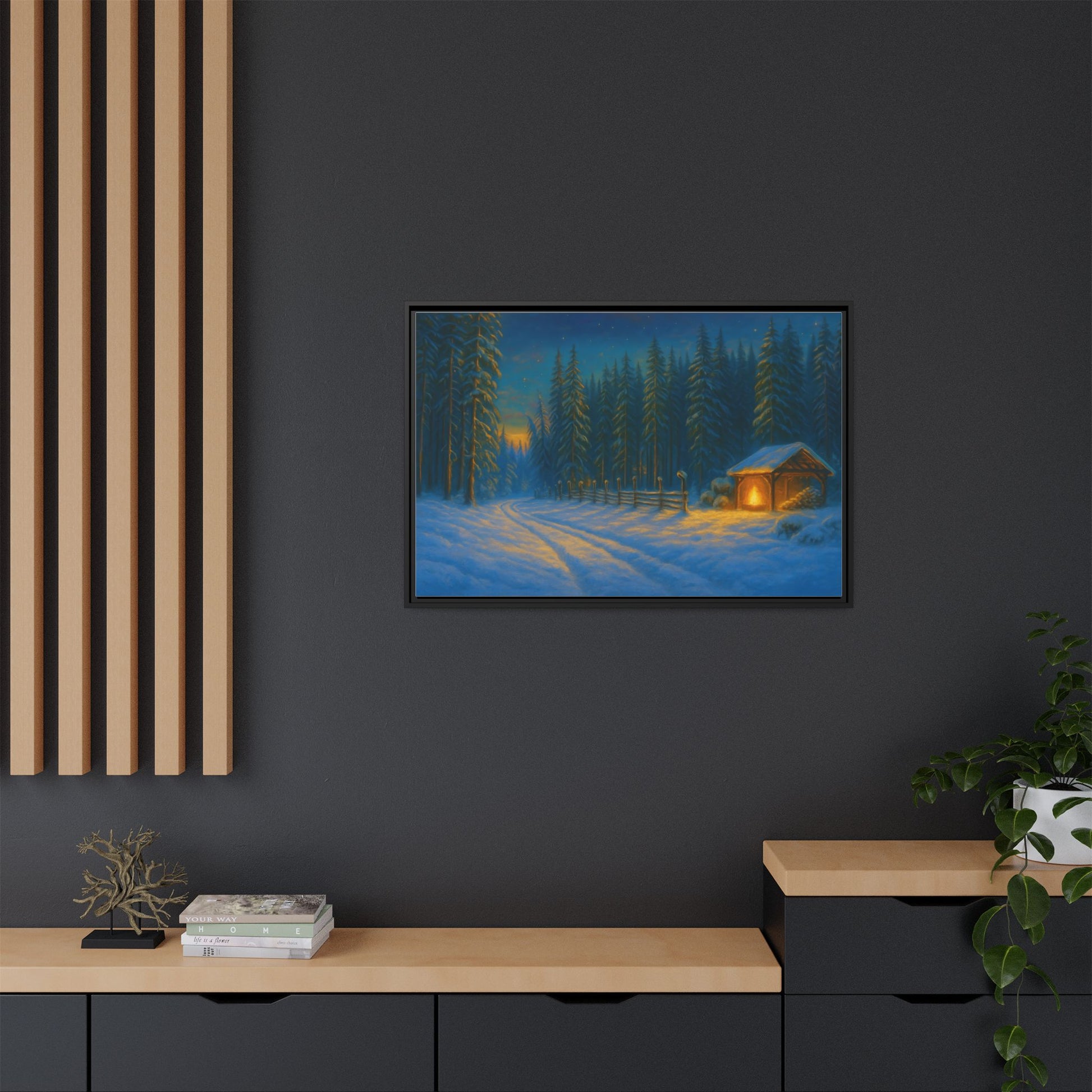 Framed Winter Landscape Canvas, Cozy Cabin Art, Christmas Decor, Winter Home Decor, Holiday Gift, Wall Art - TRV