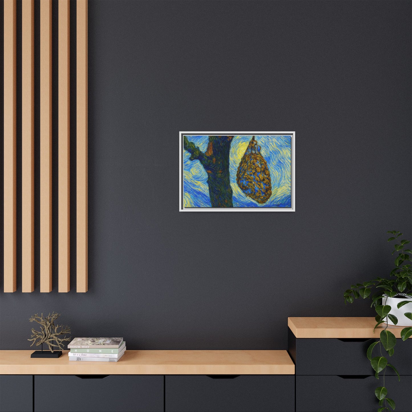 Framed Matte Canvas Art — Van Gogh-Style Swirling Night with Hanging Beehive