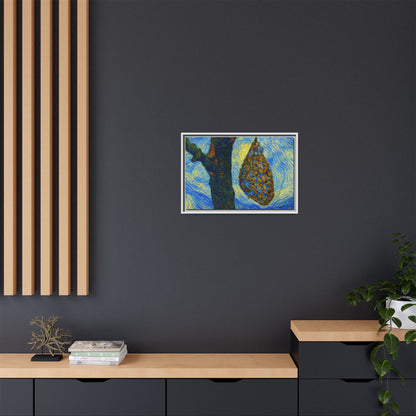 Framed Matte Canvas Art — Van Gogh-Style Swirling Night with Hanging Beehive