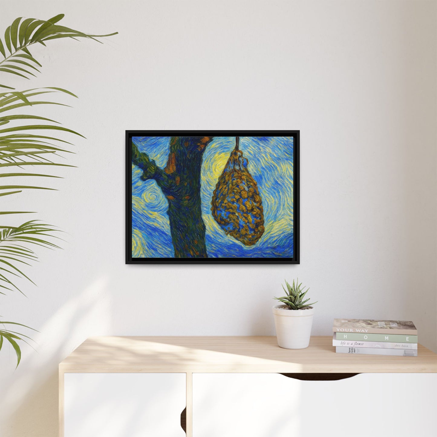 Framed Matte Canvas Art — Van Gogh-Style Swirling Night with Hanging Beehive