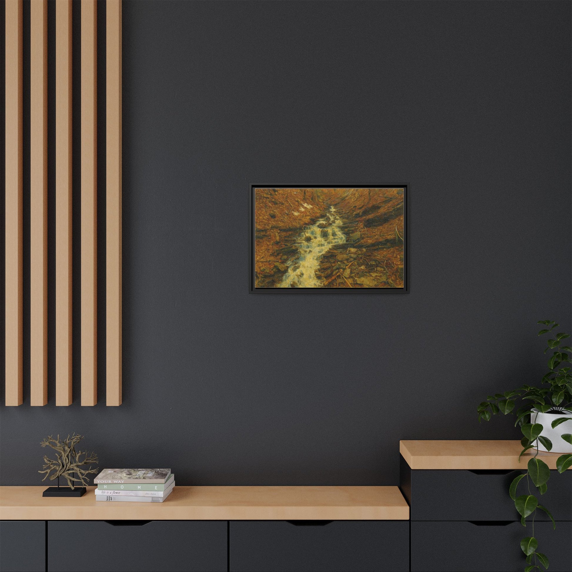 Serene Abstract Nature Canvas Art, Framed Wall Decor, Rustic Home Accent, Earthy Tone Artwork, Tranquil River Scene - TRV