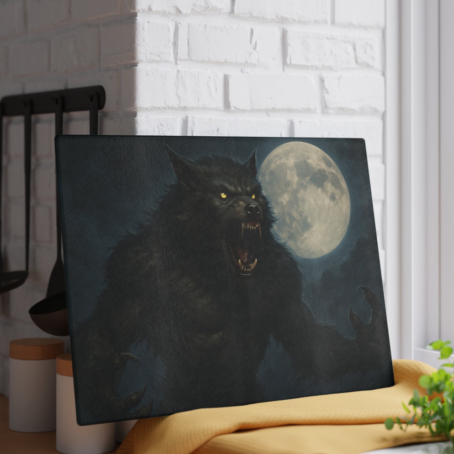 Glass Cutting Board — Howling Werewolf Moon Night Illustration