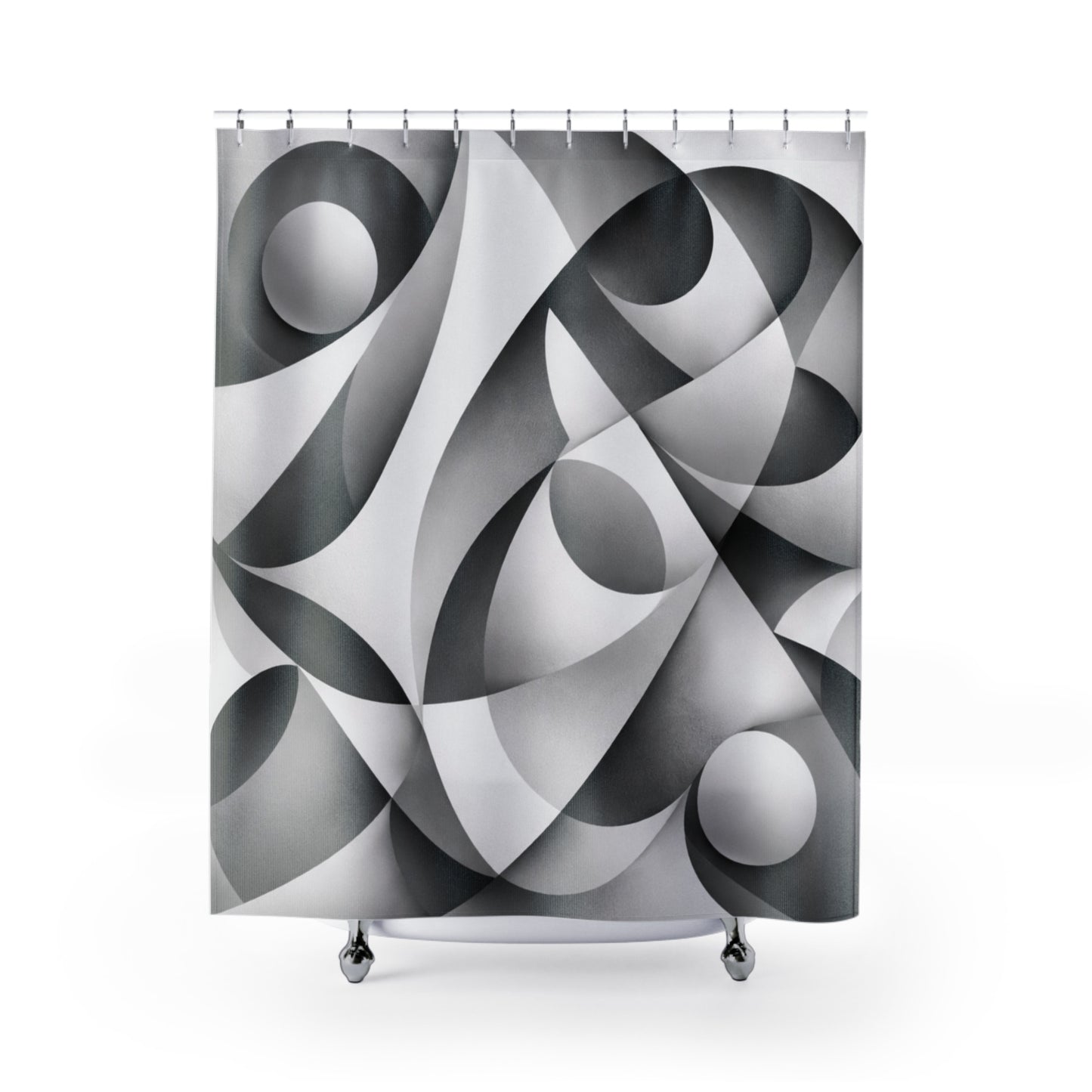 Abstract monochrome geometric shower curtain featuring black and white curved patterns for modern home decor.