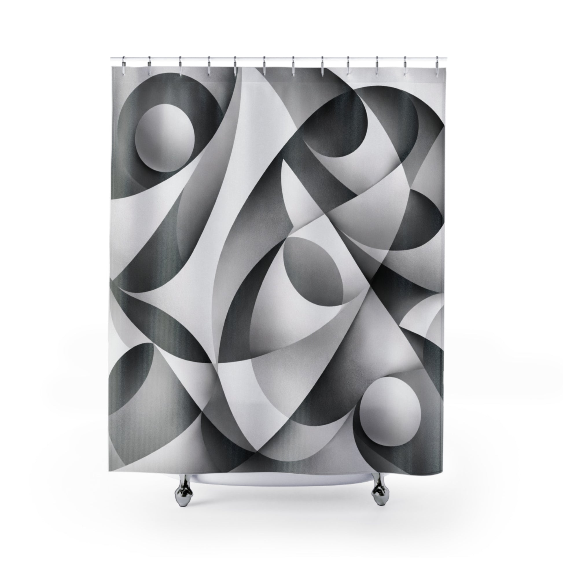 Abstract monochrome geometric shower curtain featuring black and white curved patterns for modern home decor.