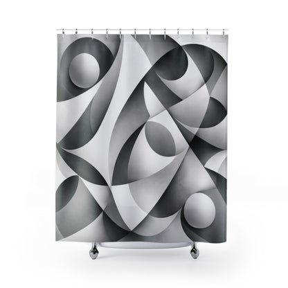 Abstract monochrome geometric shower curtain featuring black and white curved patterns for modern home decor.