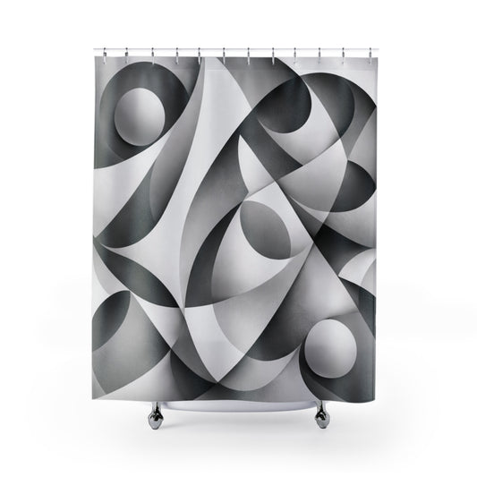 Abstract monochrome geometric shower curtain featuring black and white curved patterns for modern home decor.