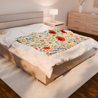 Wildflower Meadow Velveteen Plush Blanket | Poppy Daisy Floral Throw - TRV