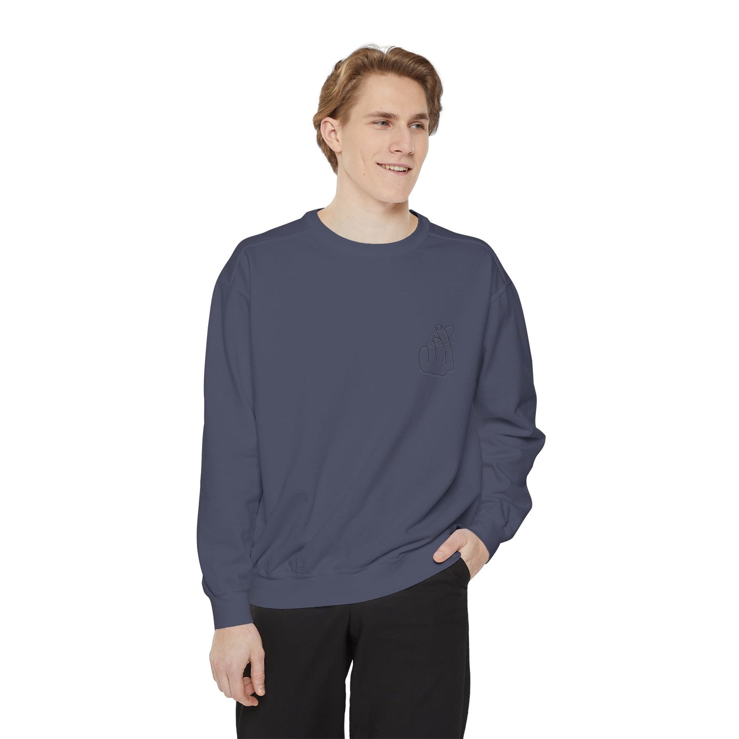 Minimalist Peace Hand Sweatshirt — Small Chest Line Art Crewneck
