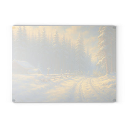 Winter Cabin Glass Cutting Board – Snowy Forest Scenic Kitchen Décor