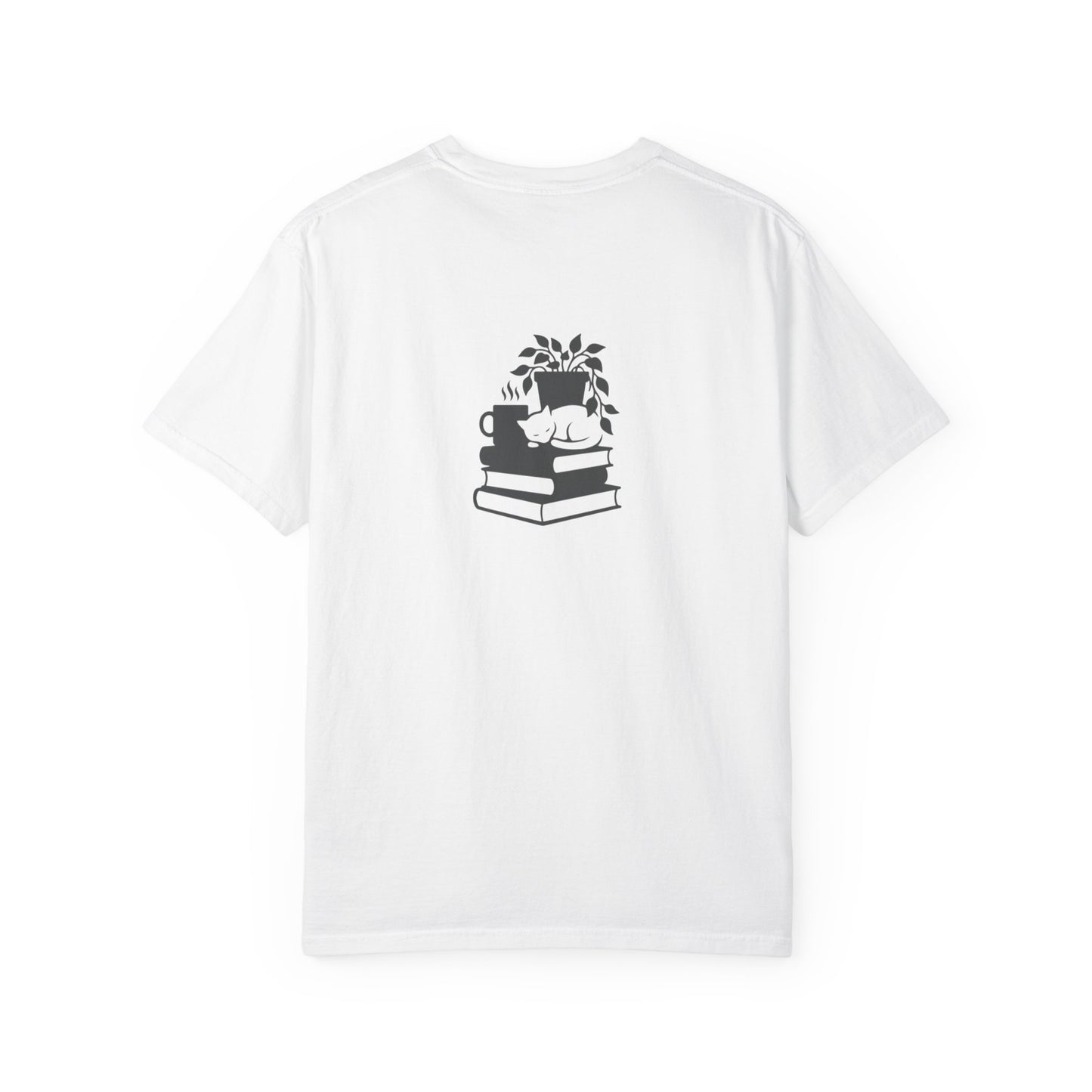 Cozy Cat on Books T-Shirt | Reading Tea Stack Illustration