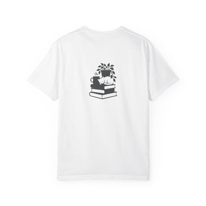 Cozy Cat on Books T-Shirt | Reading Tea Stack Illustration