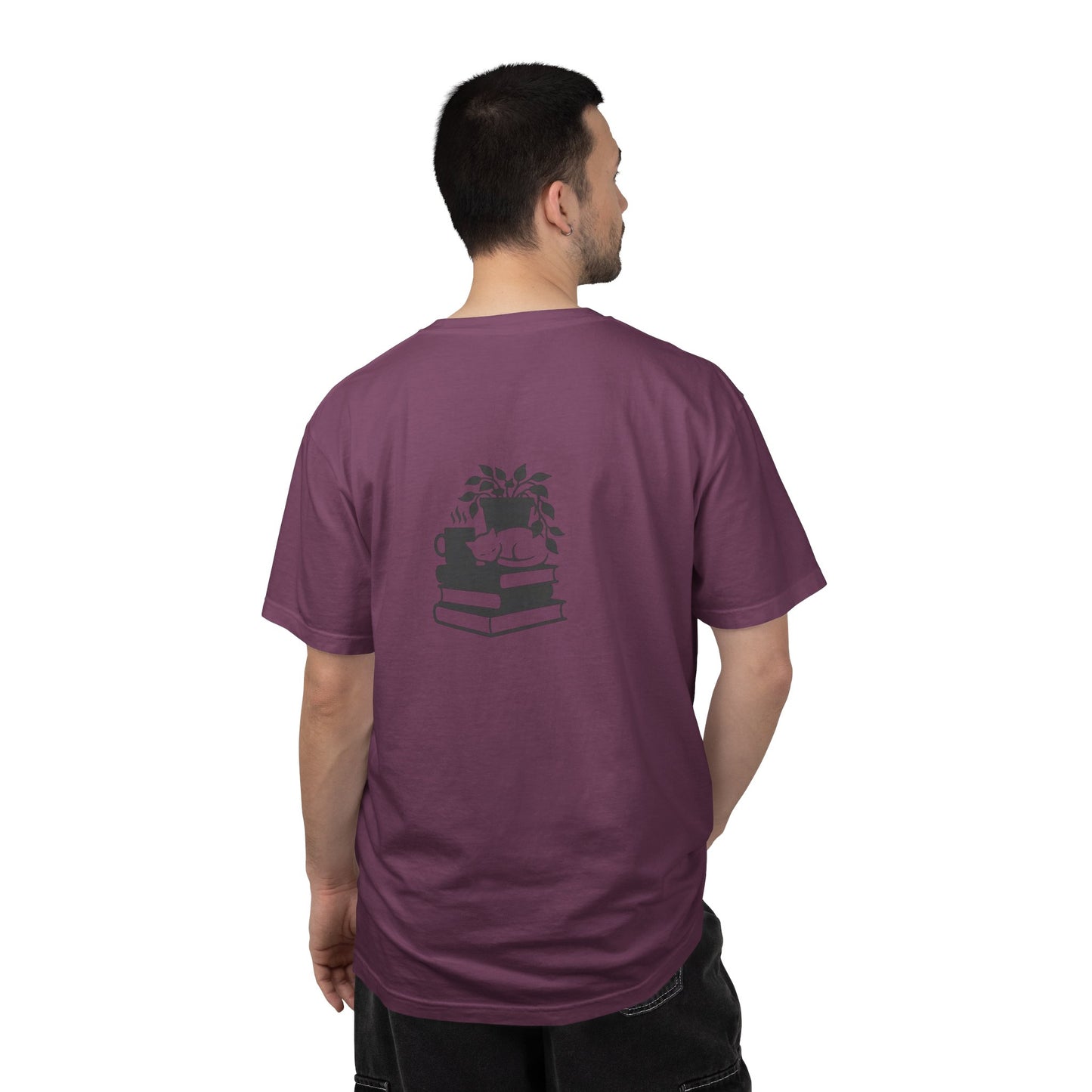 Cozy Cat on Books T-Shirt | Reading Tea Stack Illustration
