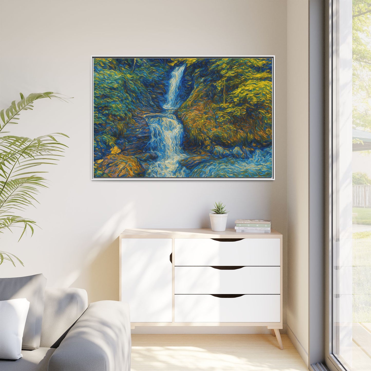 Framed Canvas Art, Majestic Van Gogh Style Waterfall Landscape Wall Decor, Nature Lover Gift, Home Office Artwork, Living Room Decoration - TRV