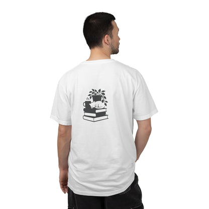 Cozy Cat on Books T-Shirt | Reading Tea Stack Illustration
