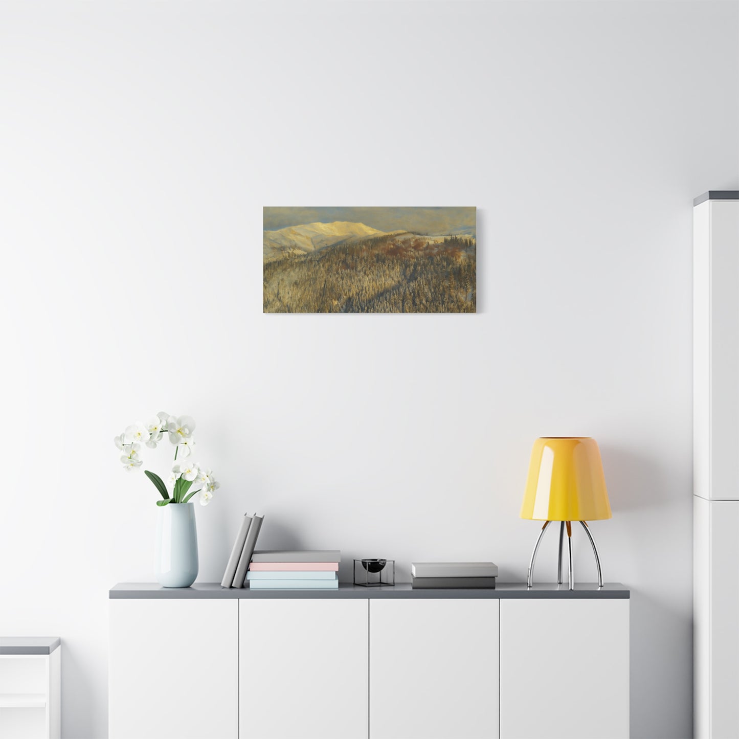 Mountain Serenity Stretched Canvas Art, Winter Landscape Wall Decor, Nature Print for Home, Gift for Nature Lovers, Cozy Interior Accent