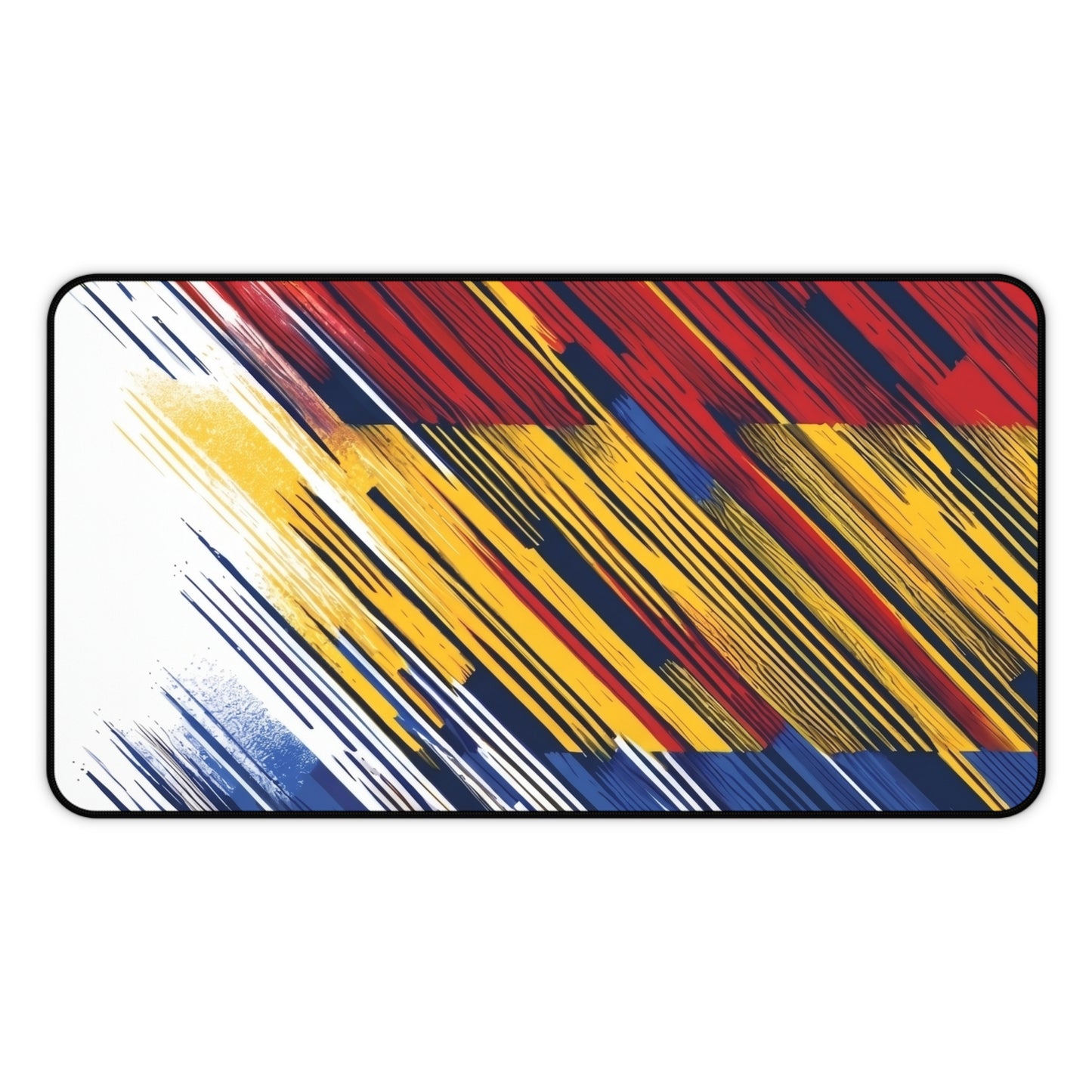 Colorful abstract flag brushstroke desk mat with red, yellow, and blue design, ideal for gaming or office use on a home decor mousepad.