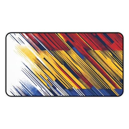 Colorful abstract flag brushstroke desk mat with red, yellow, and blue design, ideal for gaming or office use on a home decor mousepad.