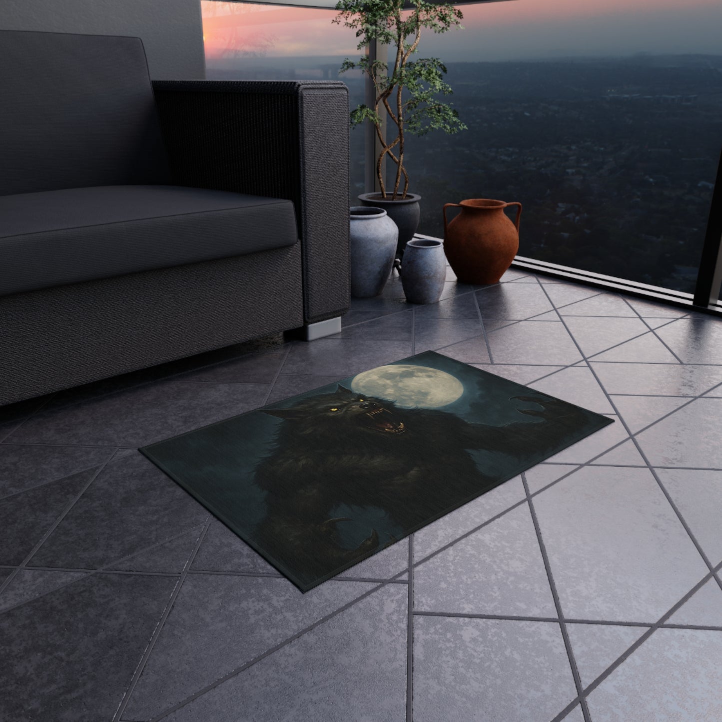 Werewolf Moon Outdoor Rug — Spooky Full Moon Werewolf Patio Mat