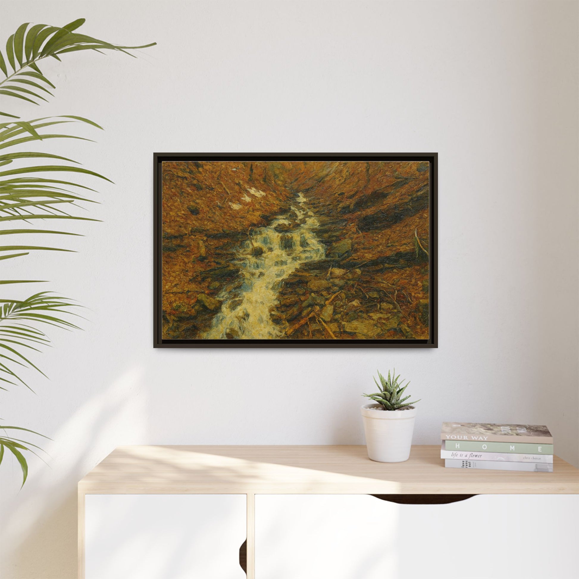 Serene Abstract Nature Canvas Art, Framed Wall Decor, Rustic Home Accent, Earthy Tone Artwork, Tranquil River Scene - TRV