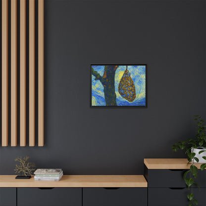 Framed Matte Canvas Art — Van Gogh-Style Swirling Night with Hanging Beehive