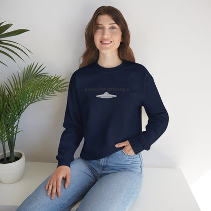 Relaxing UFO Driving Sweatshirt, Funny Gift for UFO Lovers, Unisex Crewneck Pullover, Casual Wear, Space Enthusiast Apparel